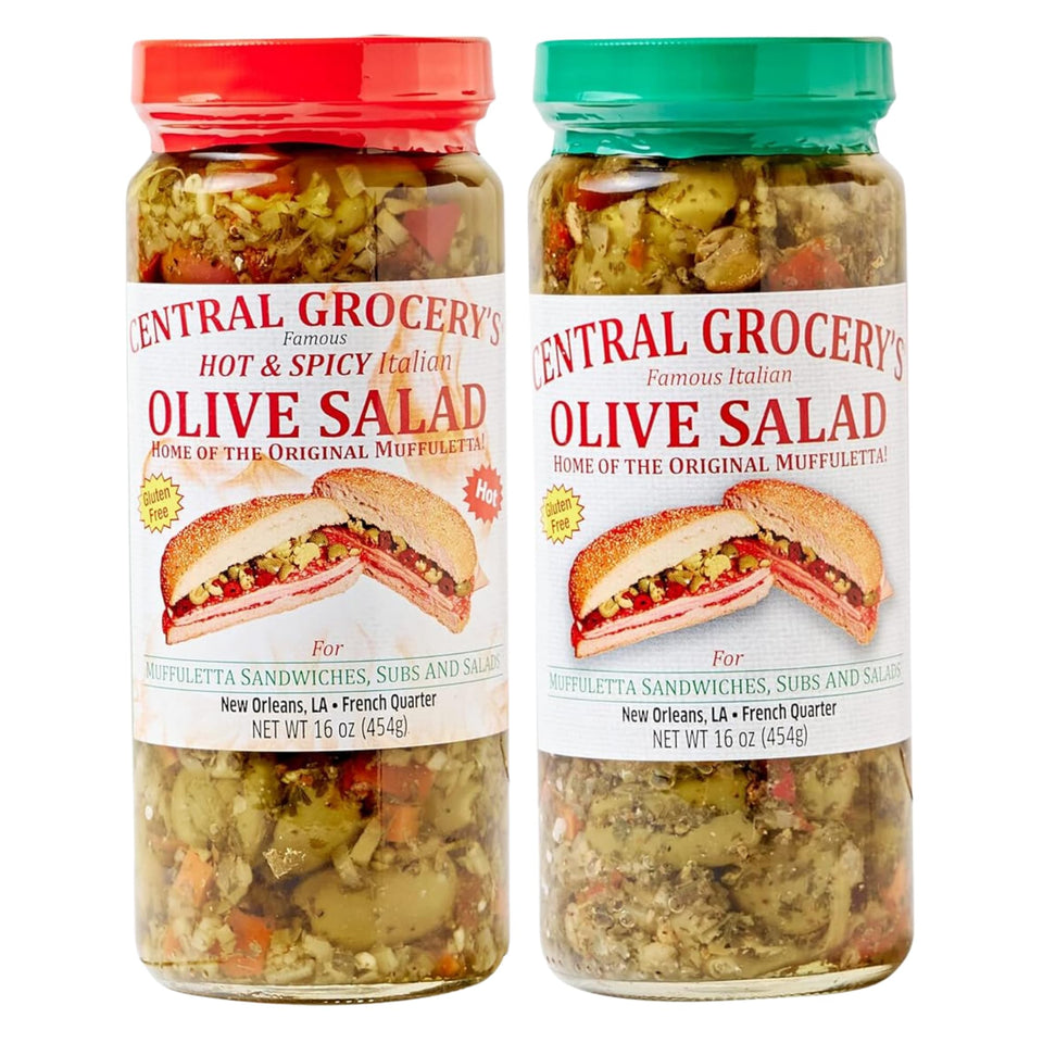Central Grocery Hot Olive Salad in a 16 oz jar adds bold spice to sandwiches