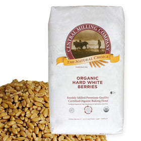 CENTRAL MILLING hard white wheat berries in a 25 lb bag, ready for home milling and storage.