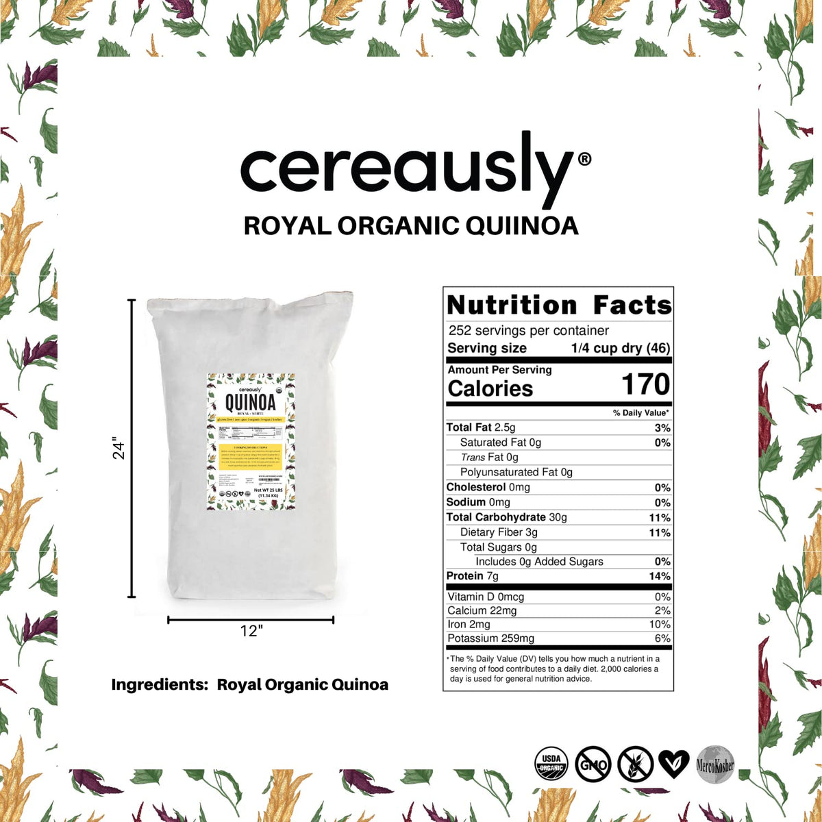 Cereausly Kosher certified quinoa packaging for diverse diets.