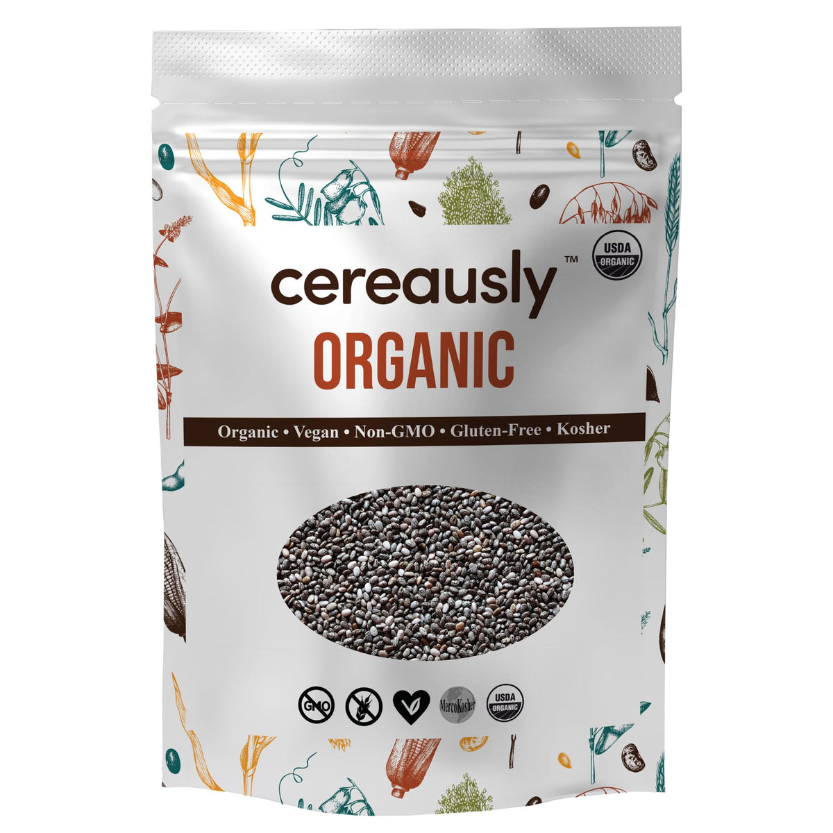 Cereausly Organic Black Chia Seeds pouch on kitchen shelf for everyday use