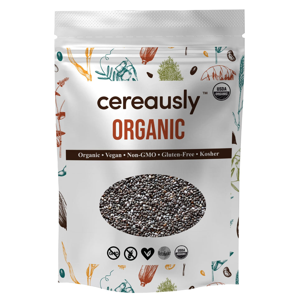 Cereausly Organic Black Chia Seeds pouch on kitchen shelf for everyday use