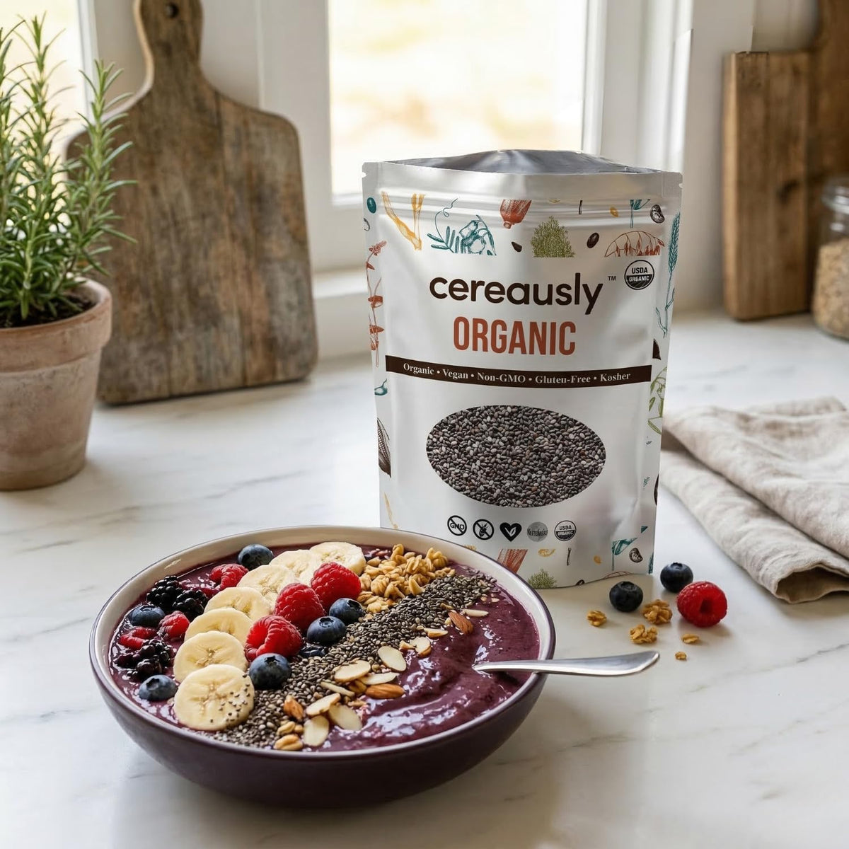 Cereausly organic chia seeds stored in pantry for easy access.