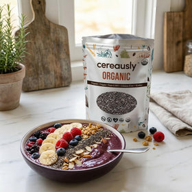 Cereausly organic chia seeds stored in pantry for easy access.