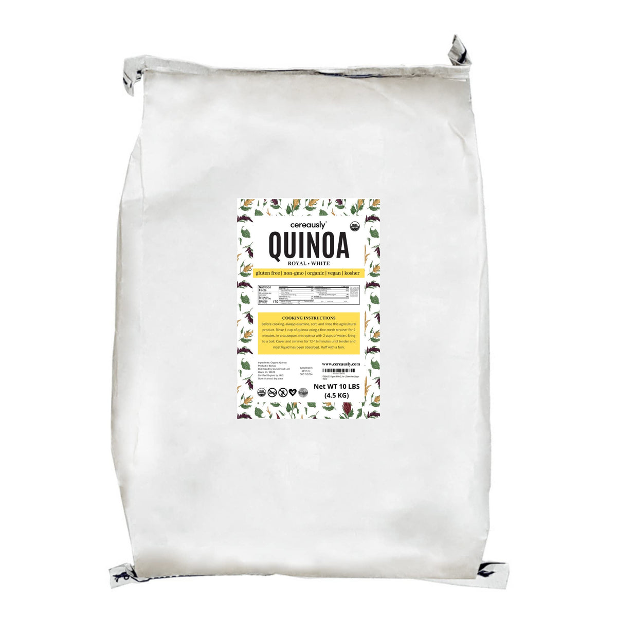Cereausly organic white quinoa bulk bag from Bolivia for versatile pantry meals.