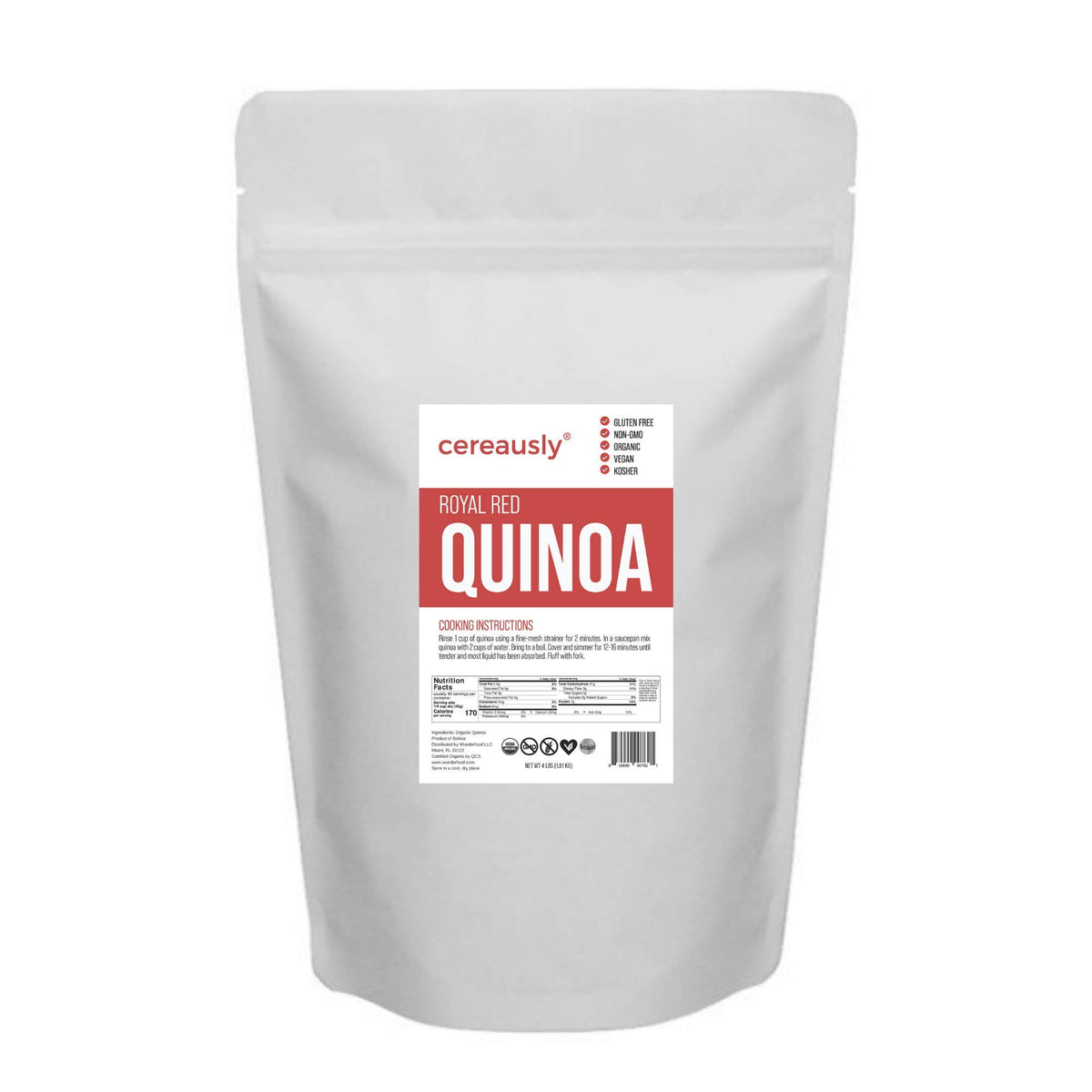 CEREAUSLY Organic White Quinoa bulk pack with gluten-free, plant-based protein.