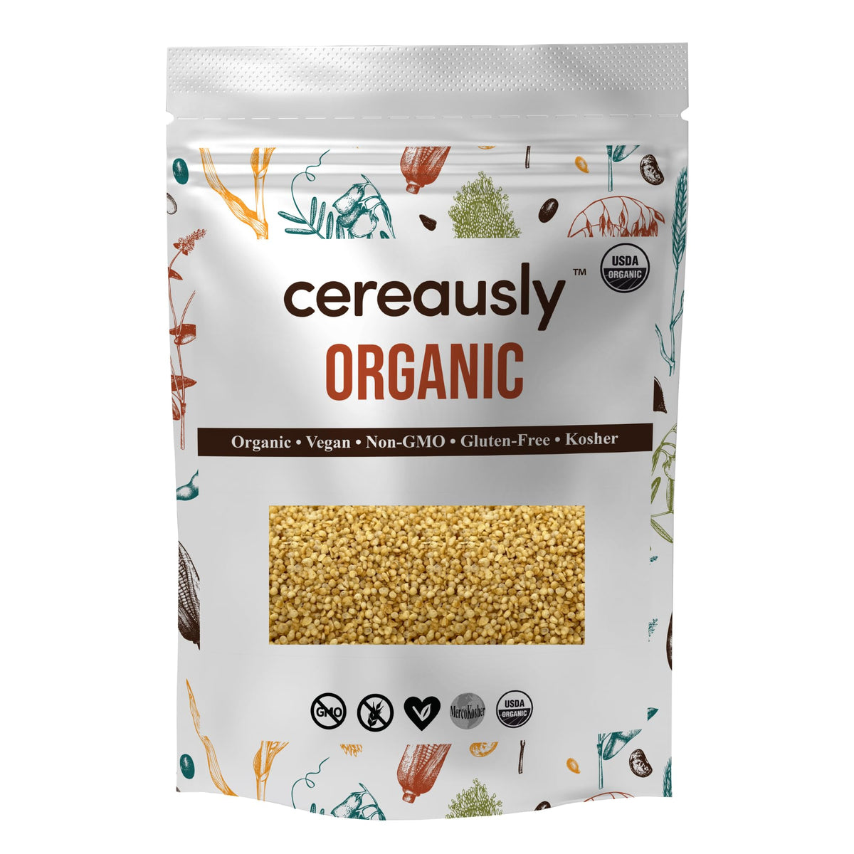 CEREAUSLY Quinoa Crispies pack shot showing a gluten-free vegan crunch for breakfast.