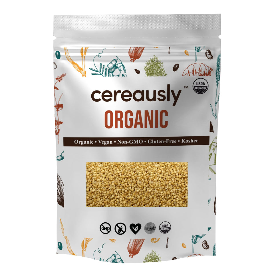 CEREAUSLY Quinoa Crispies pack shot showing a gluten-free vegan crunch for breakfast.