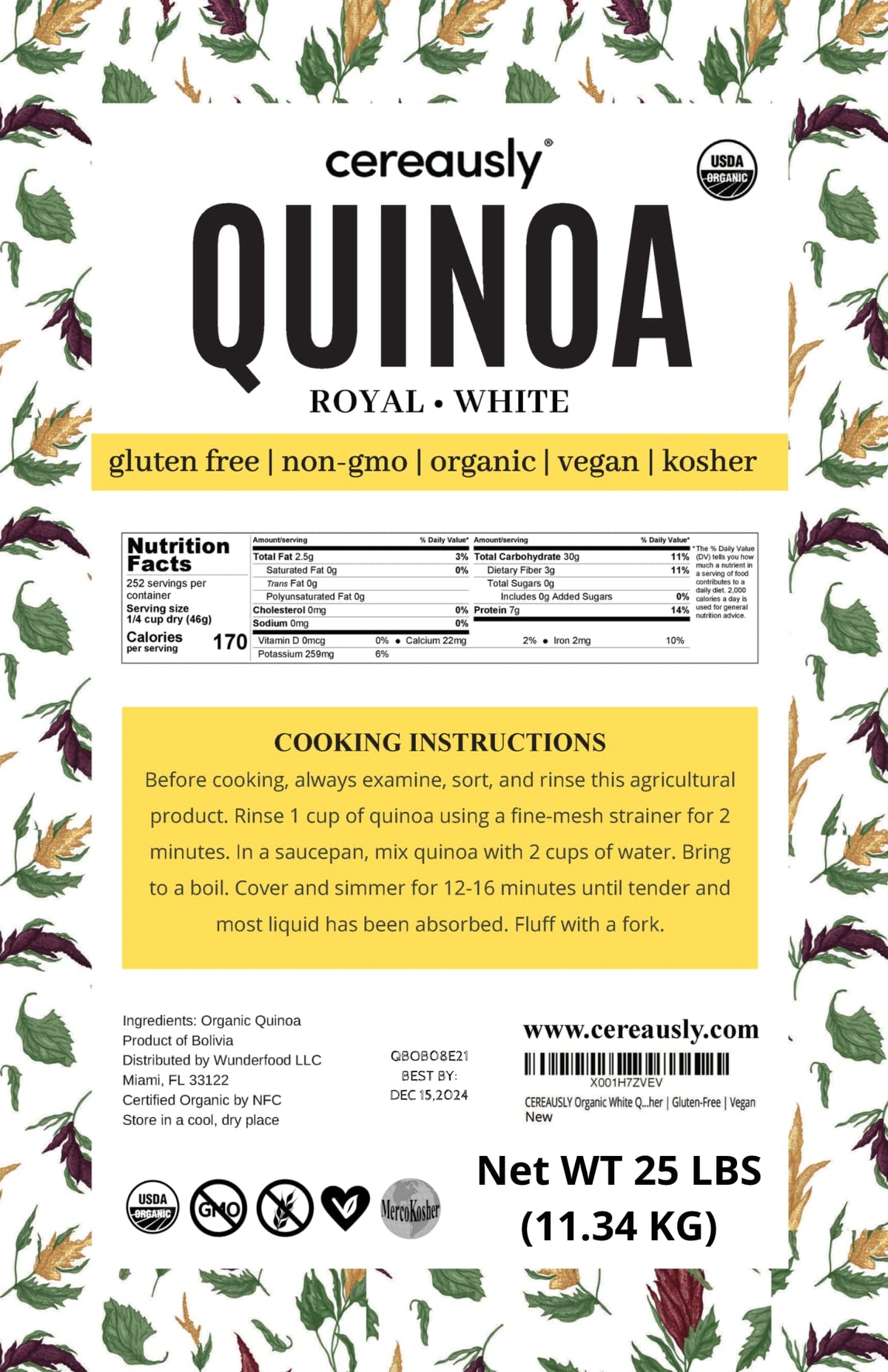 Cereausly White Quinoa origin Bolivia highlights premium quality.