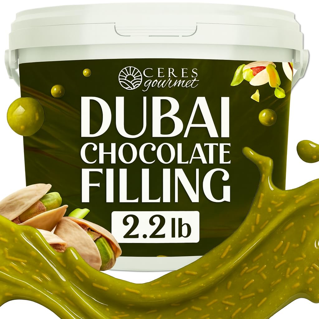 Ceres Gourmet Dubai chocolate bar mixture pistachio-filling close-up for luxurious texture.