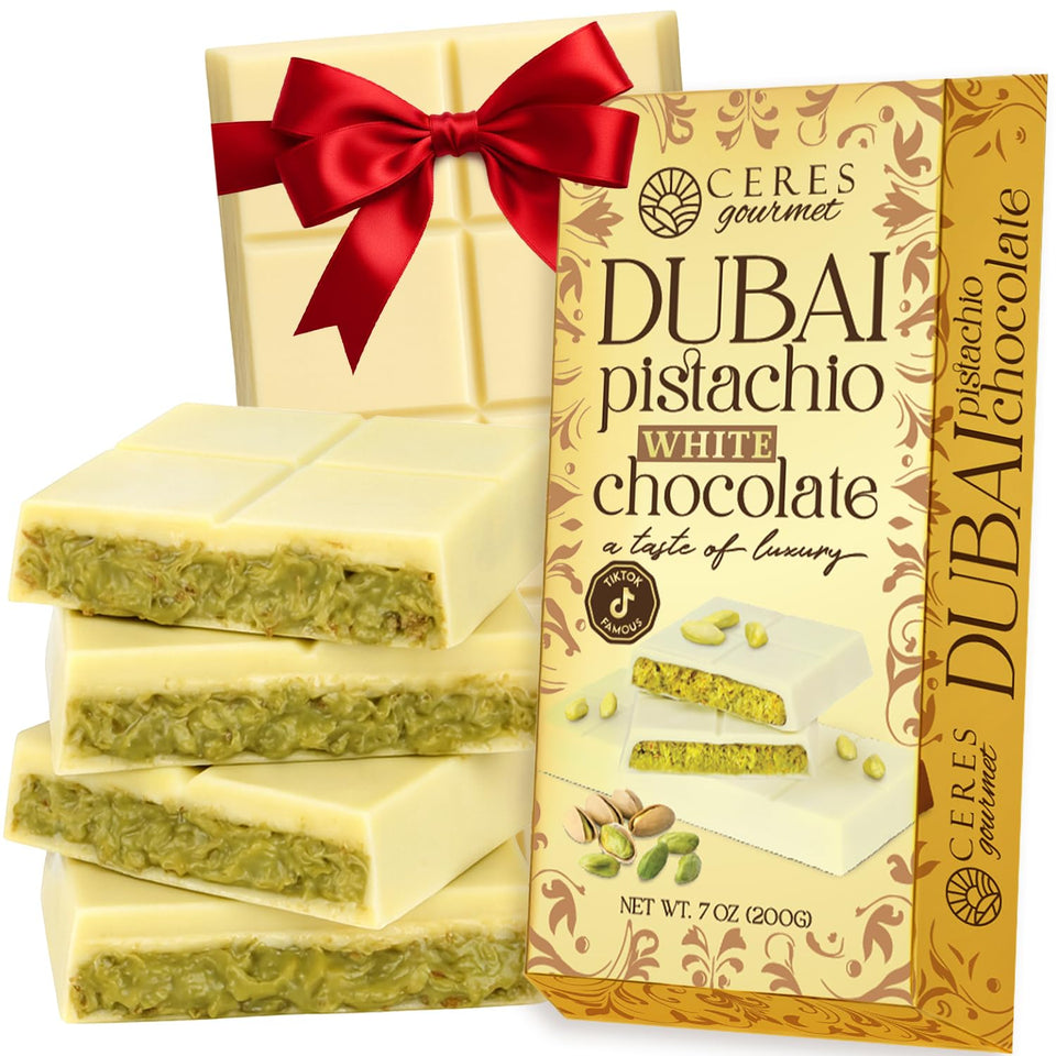 Ceres Gourmet Dubai Kunafa Bar pistachio bite close-up, rich chocolate and pistachio harmony.