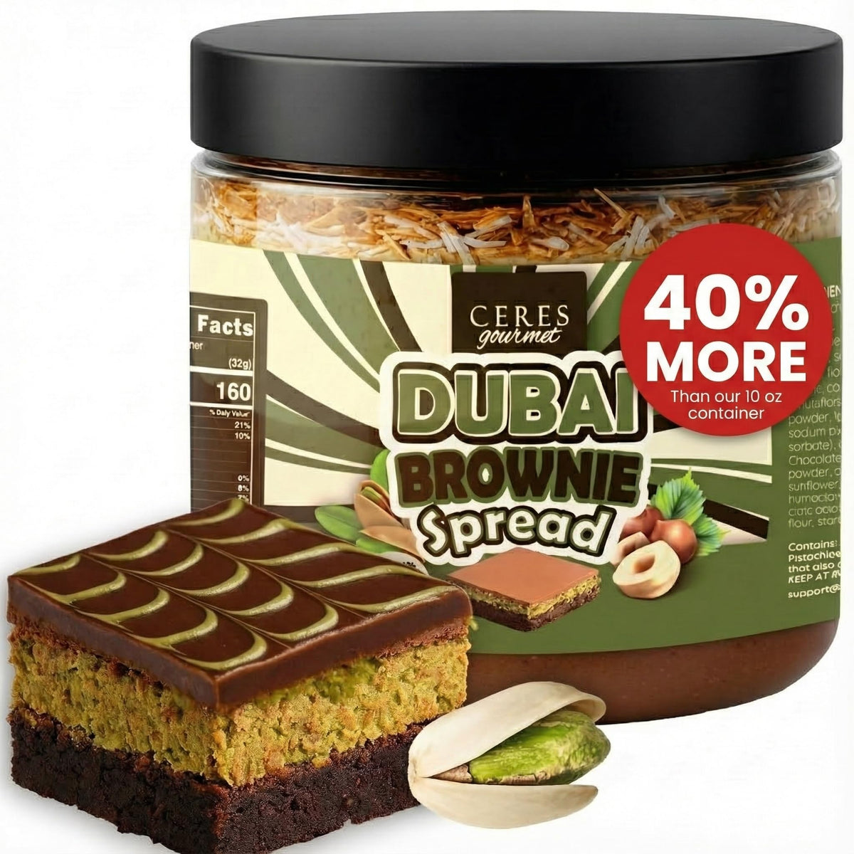 Ceres Gourmet Dubai chocolate pistachio brownie cake slice showing pistachio cream center for indulgent flavor