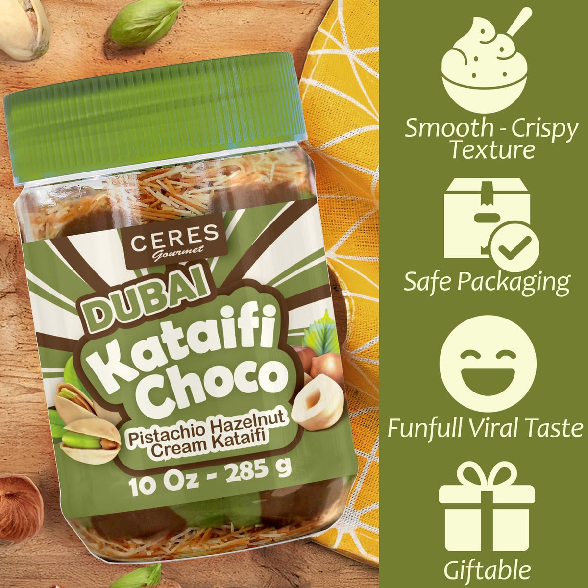 Ceres Gourmet Dubai jar closeup shows glossy chocolate and pistachio blend.