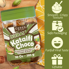 Ceres Gourmet Dubai jar closeup shows glossy chocolate and pistachio blend.