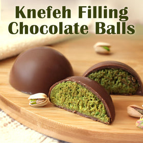 Ceres Gourmet Dubai Kunafa Balls milk chocolate exterior wrapped in gold foil.