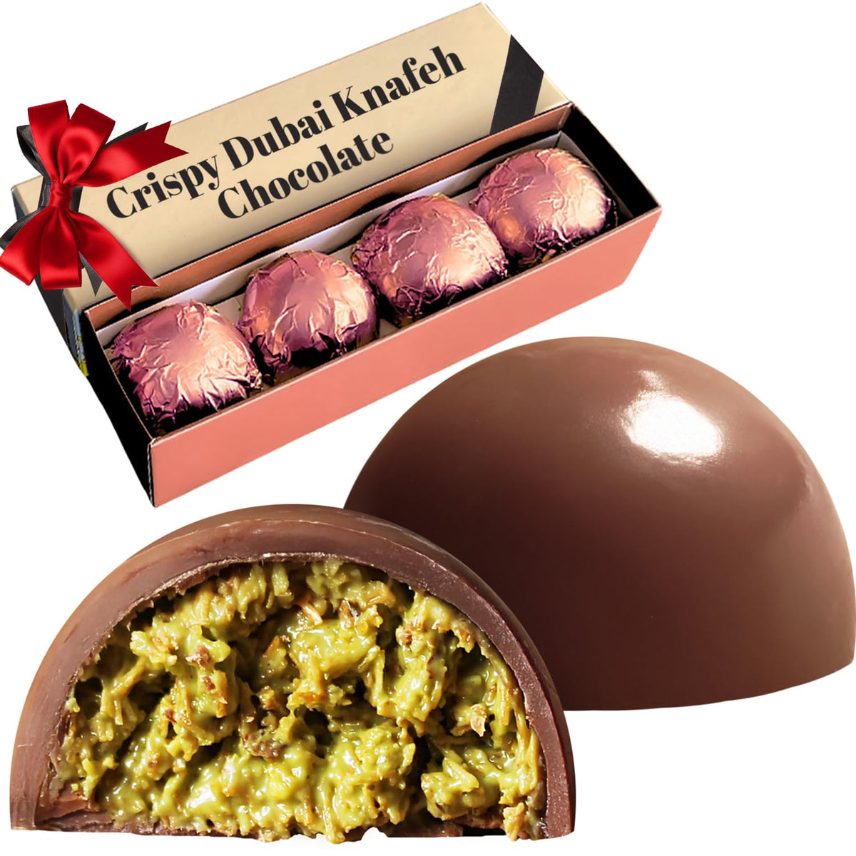 Ceres Gourmet Dubai Pistachio Kunafa Balls gift box with gold foil, ideal for gifting.