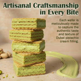 Ceres Gourmet Dubai Pistachio Wafer bite closeup reveals creamy pistachio and kunafa texture