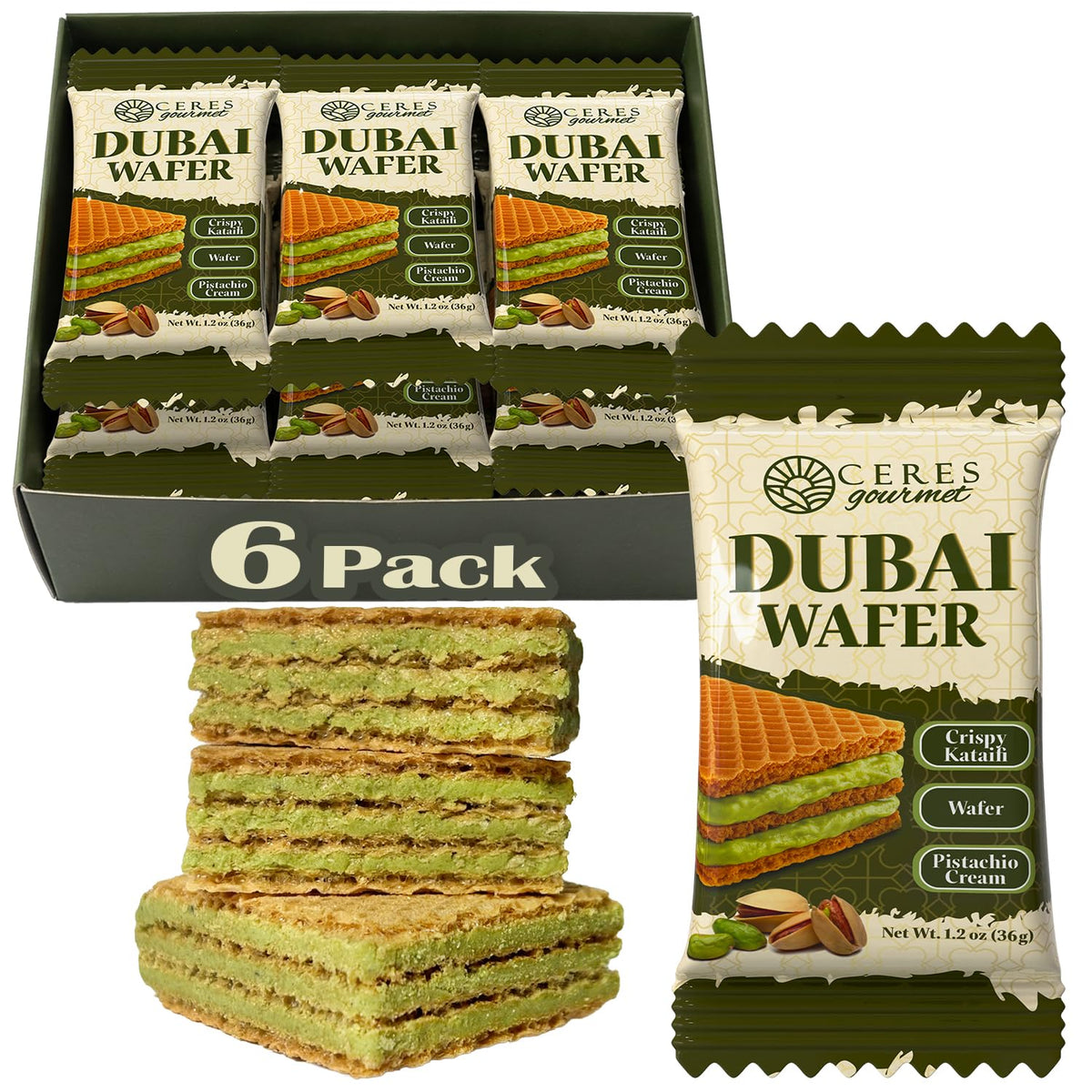Ceres Gourmet Dubai Pistachio Wafer individually wrapped for freshness
