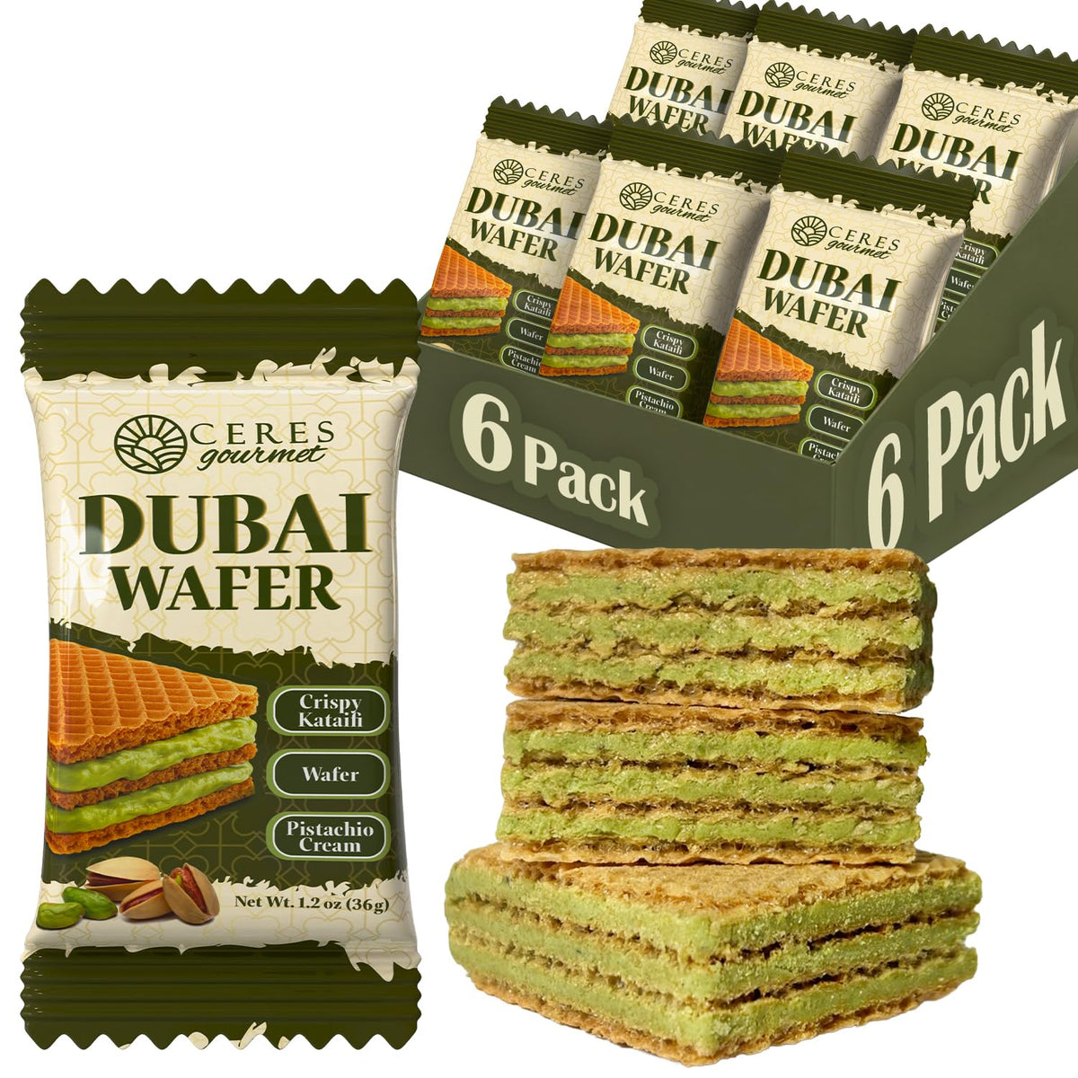Ceres Gourmet Dubai Pistachio Wafer on decorative dish ready to serve