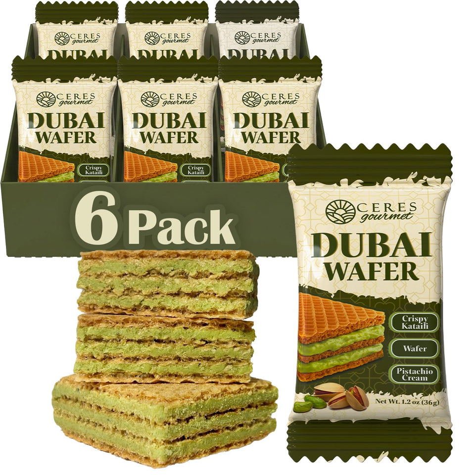Ceres Gourmet Dubai Pistachio Wafer packaging shows premium, ready-to-share flavor