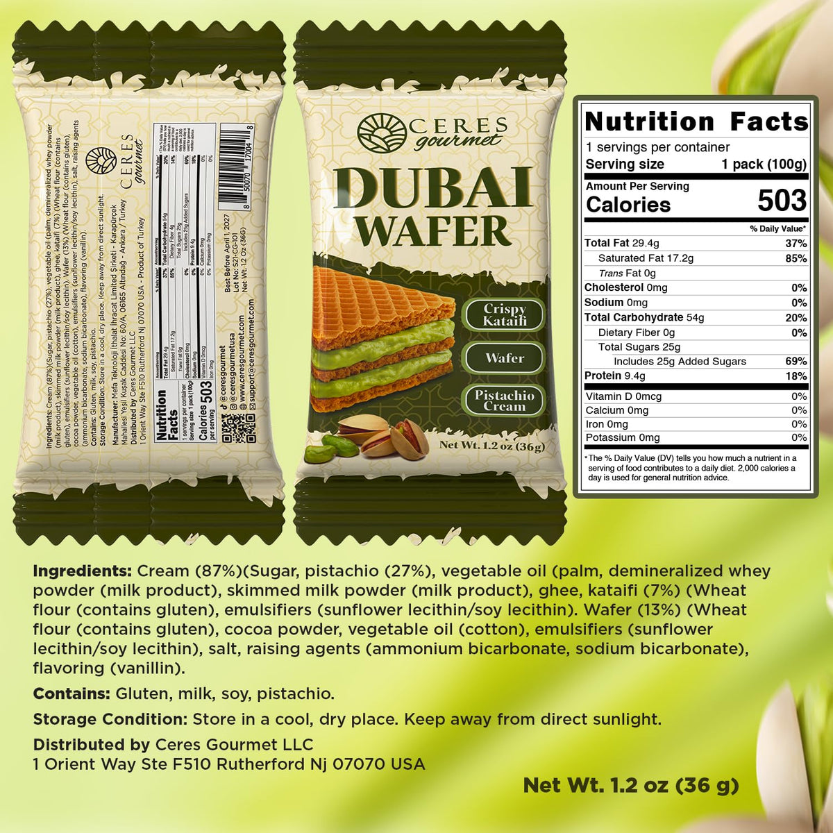 Ceres Gourmet Dubai Pistachio Wafer six pieces ideal for gifting or gatherings