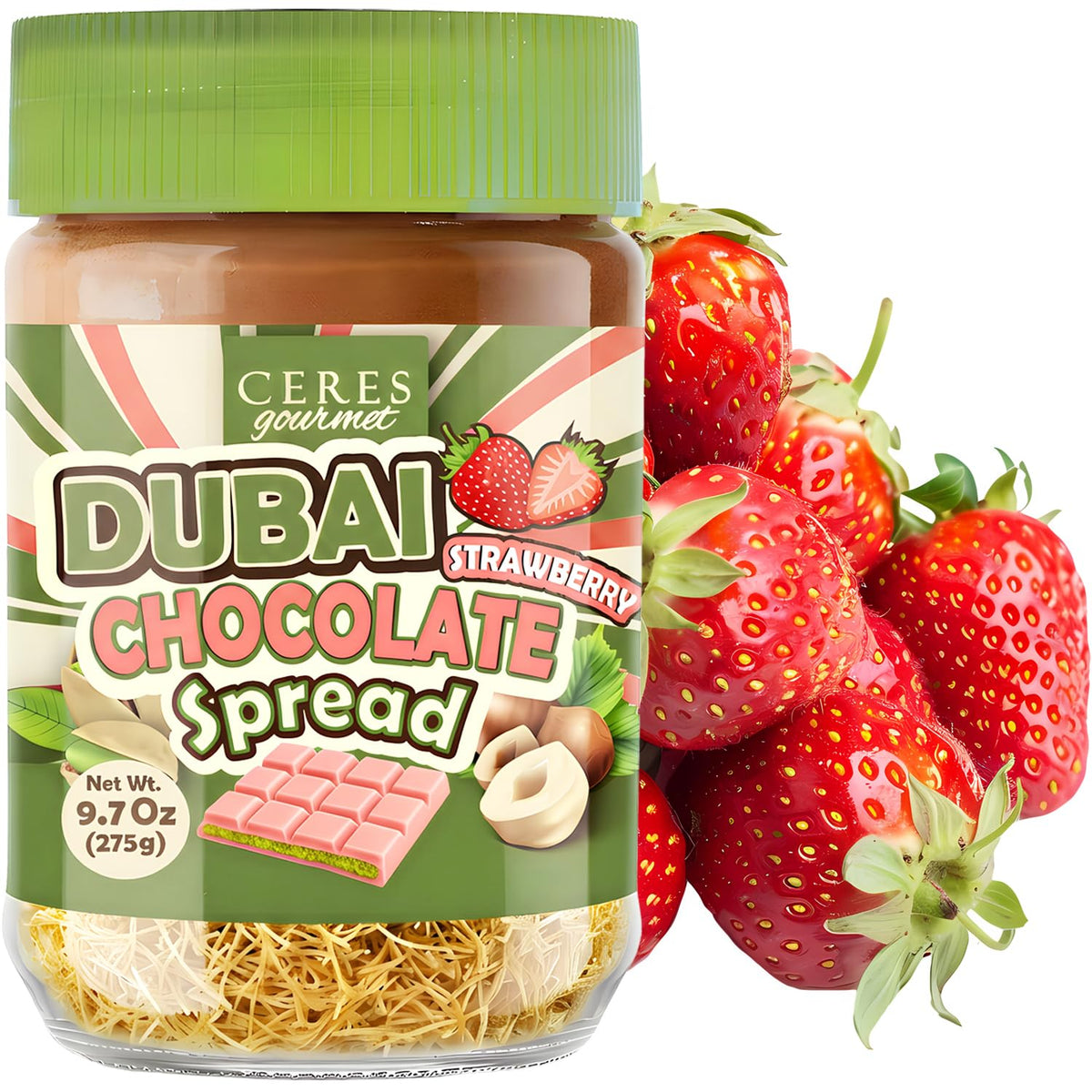 Ceres Gourmet Dubai spreadable chocolate jar with creamy pistachio-chocolate blend