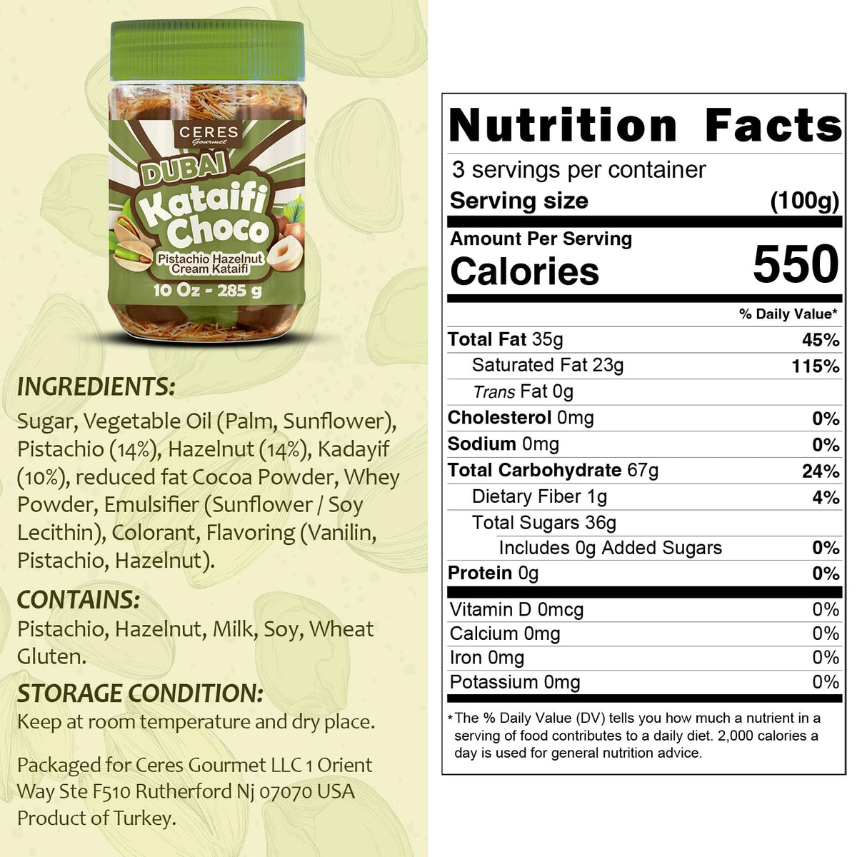 Ceres Gourmet Dubai spreadable chocolate pistachio kataifi; crispy crunch with smooth chocolate.