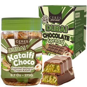 Ceres Gourmet Dubai spreadable chocolate pistachio on toast; rich, indulgent breakfast.