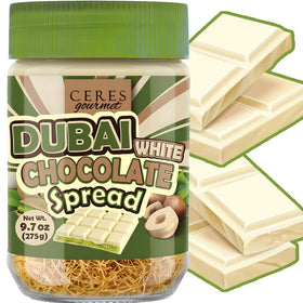 Ceres Gourmet Dubai spreadable white chocolate pistachio jar shows creamy texture and crunch.