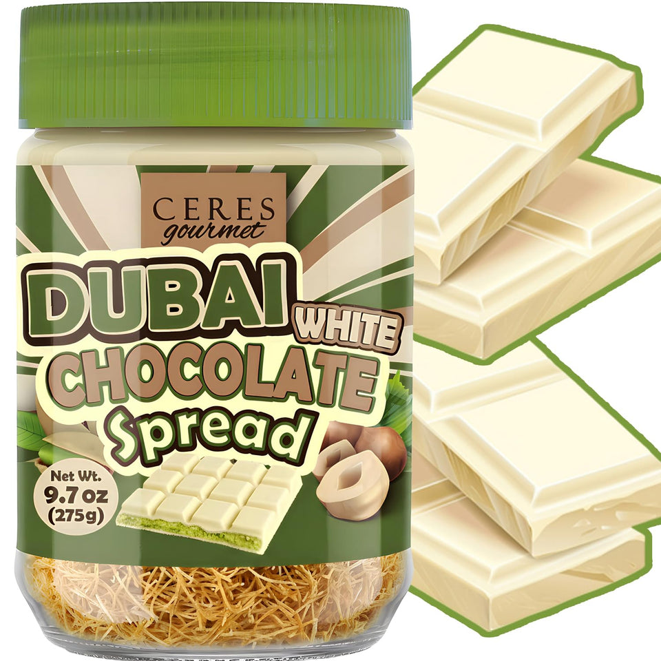Ceres Gourmet Dubai spreadable white chocolate pistachio jar shows creamy texture and crunch.