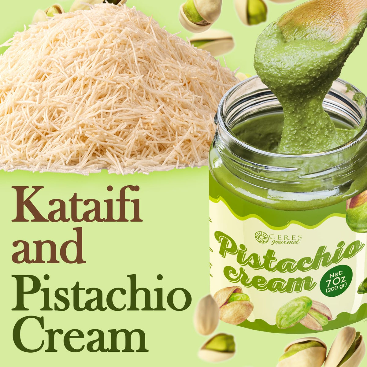 Ceres Gourmet pistachio butter spread jar, creamy topping for pastries.