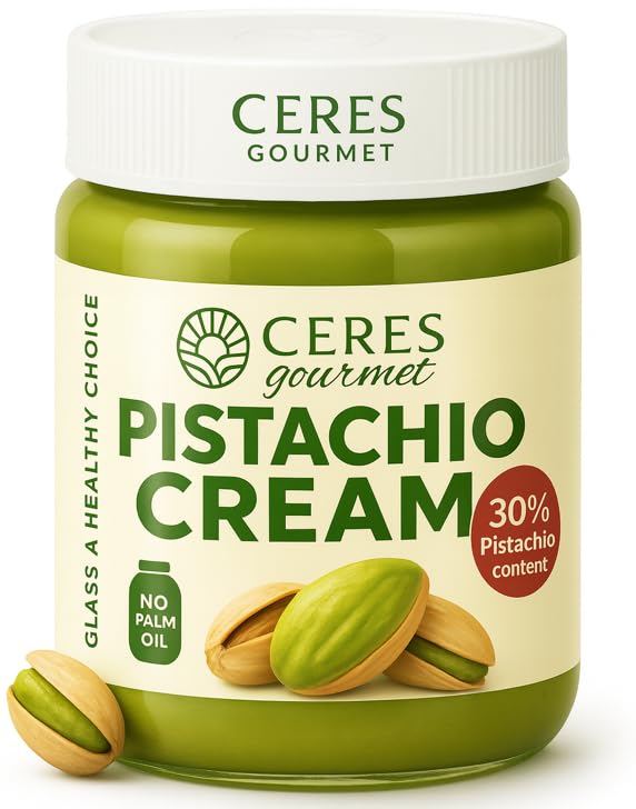 Ceres Gourmet pistachio cream jar front showing rich pistachio butter for gourmet breakfasts.