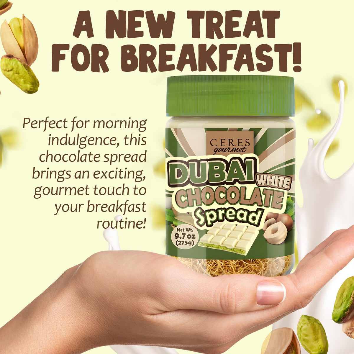 Ceres Gourmet pistachio spread on bread demonstrates versatility for breakfast.