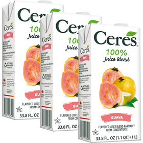 Ceres Guava Juice Blend bottles, front view, vitamin C rich and sugar-free.