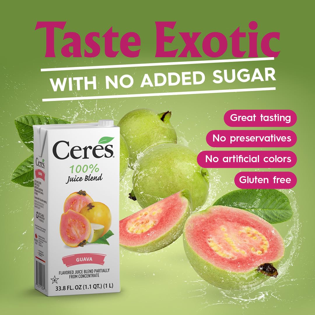 Ceres Guava Juice Blend bottles side view emphasizing the 3-pack packaging.