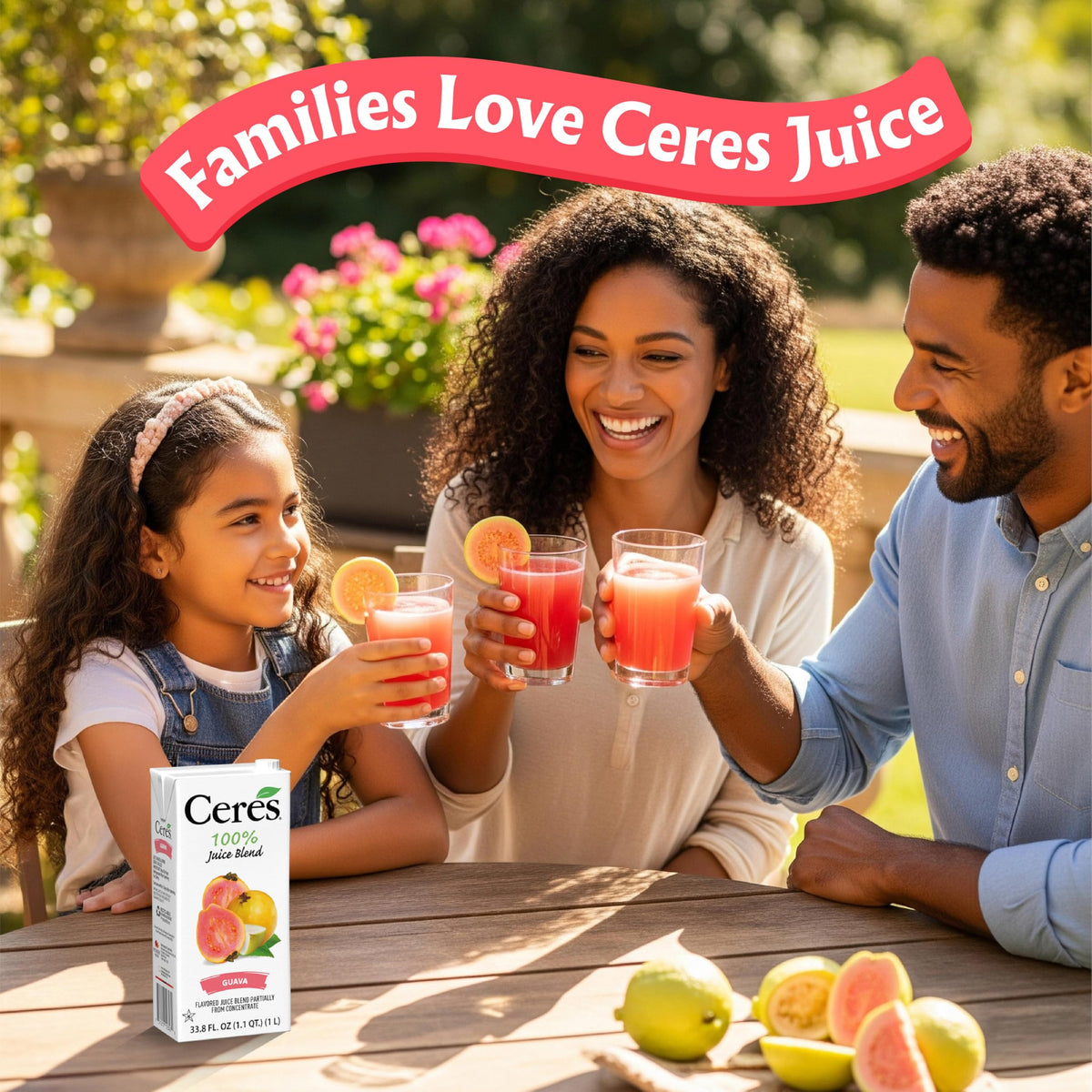 Ceres Guava Juice Blend on kitchen counter with a glass ready to enjoy.