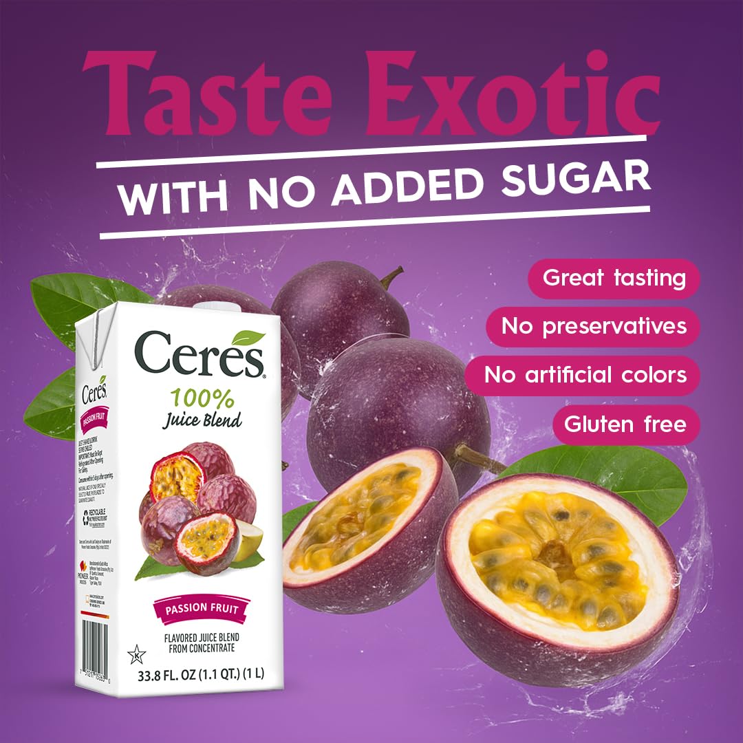 Ceres juice label close-up highlights no added sugar and 100% fruit juice.