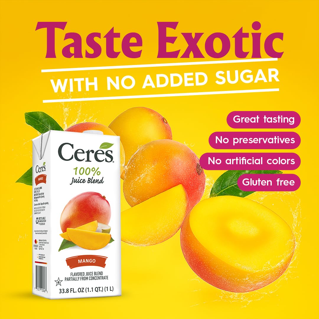 Ceres Mango Juice Blend glass filled with bright juice, perfect for smoothies