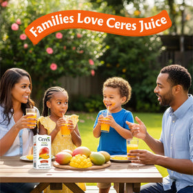 Ceres Mango Juice Blend label art with tropical vibes and no artificial colors