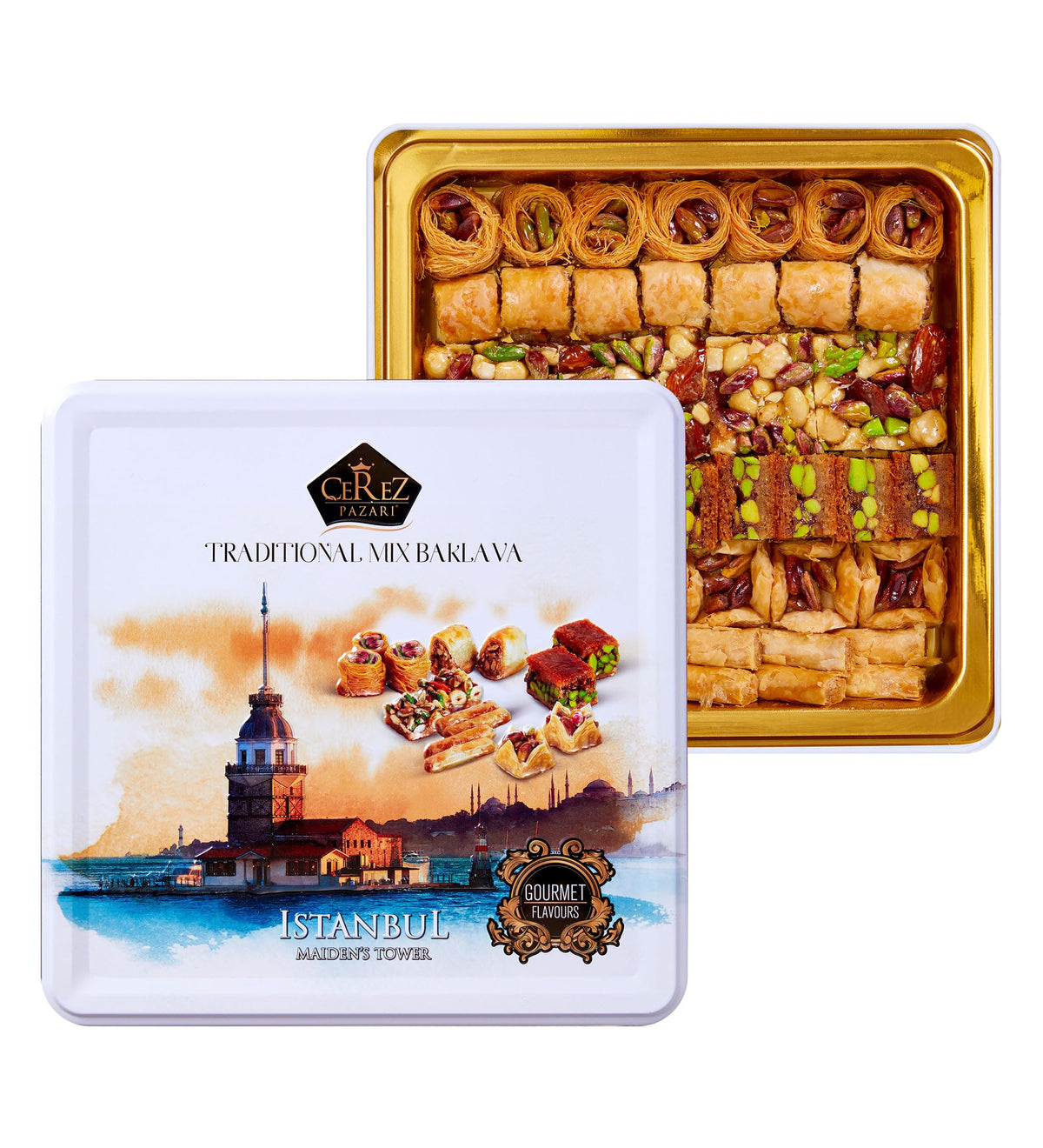 Cerez Pazari Baklava Variety Box showcases six nut flavors, ideal for premium gifting and tasting celebrations.