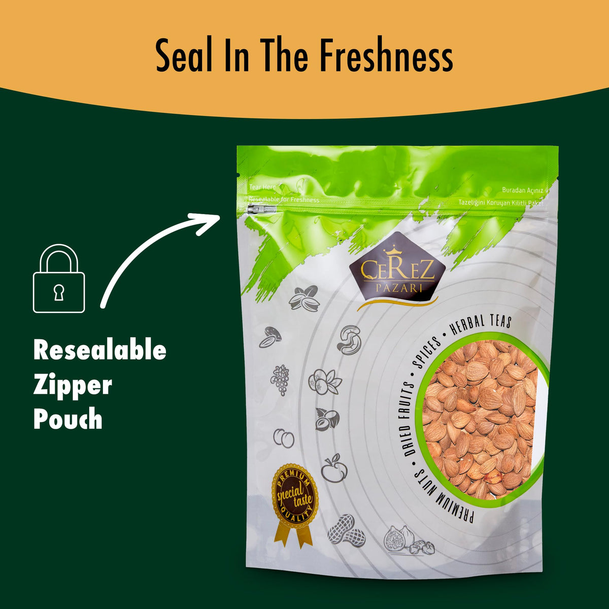 Çerez Pazarı resealable bag open to illustrate freshness and easy storage