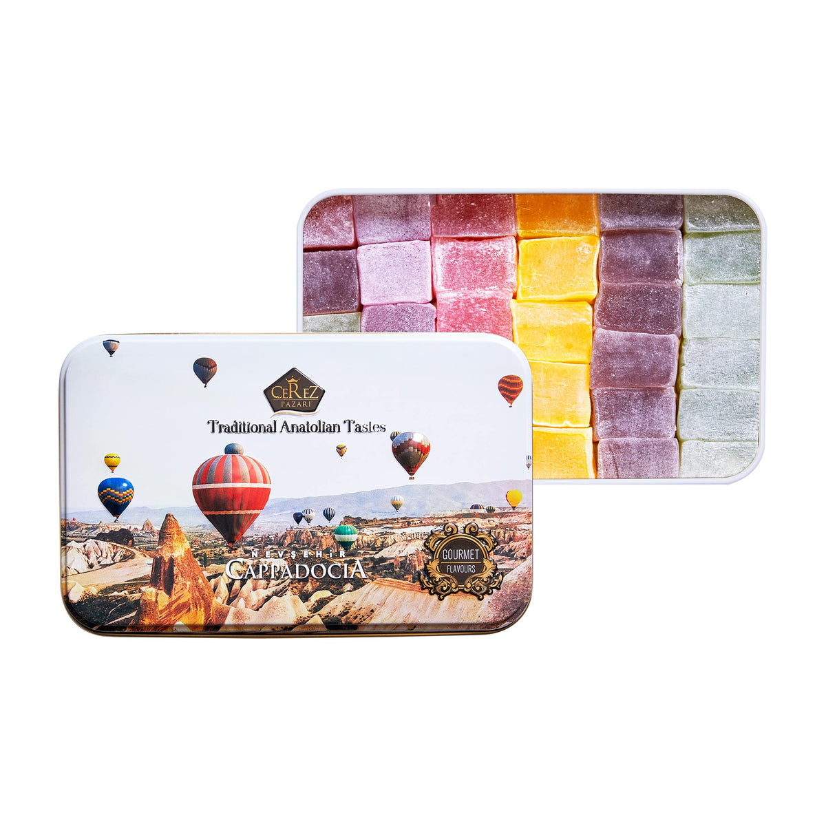 Çerez Pazarı embossed tin gift container showcasing premium lokum.