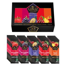 Cerez Pazari fruit leather variety pack back highlights 35 x 25g servings for family sharing.