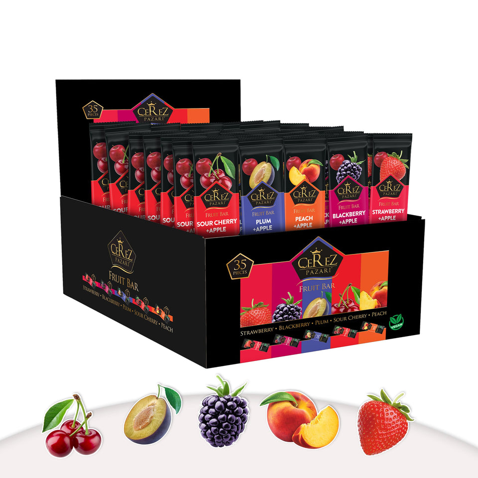 Cerez Pazari fruit leather variety pack front shows vegan, gluten-free bars for on-the-go snacking.