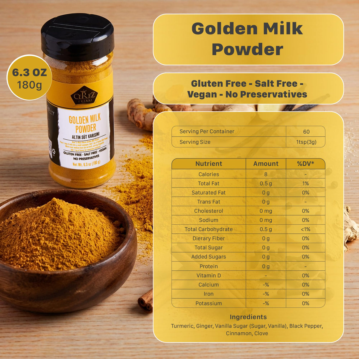 Çerez Pazarı Golden Milk Powder jar highlights turmeric and spices for a cozy, caffeine-free treat
