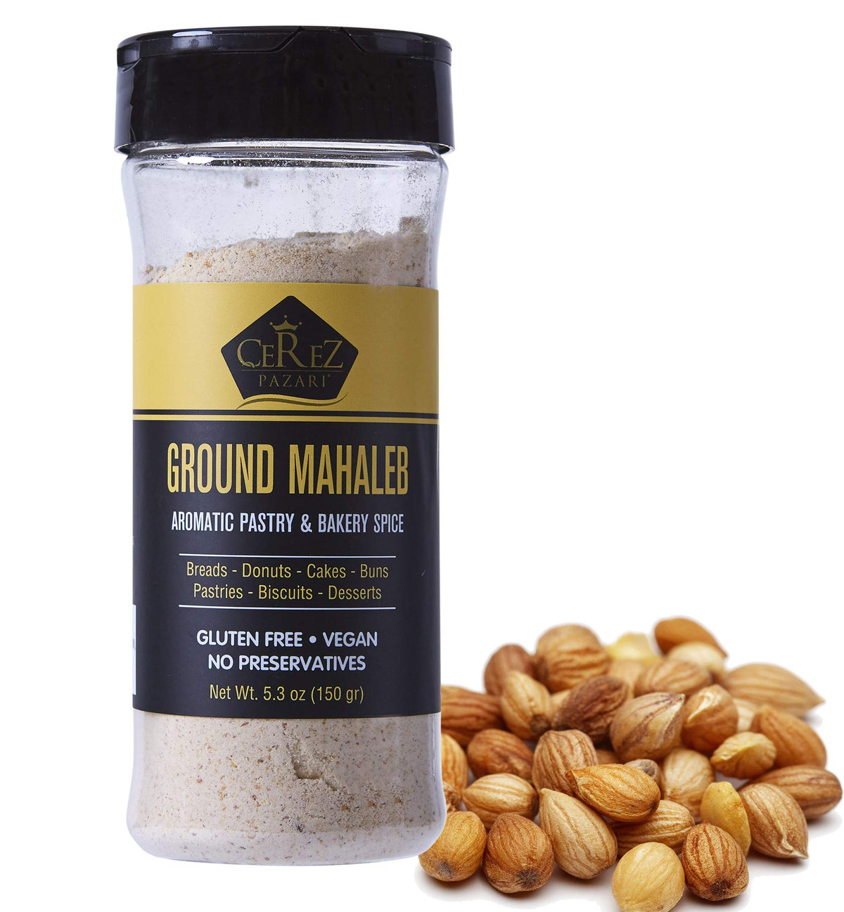 Cerez Pazari ground mahaleb bottle ready for aromatic baking.