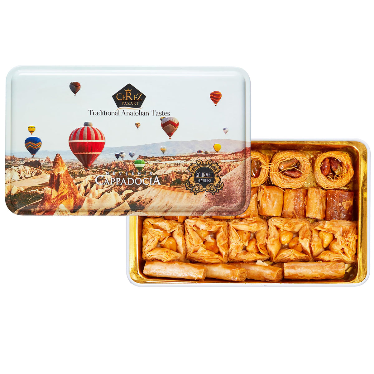 Cerez Pazari hazelnut flower baklava, delicate and flaky.