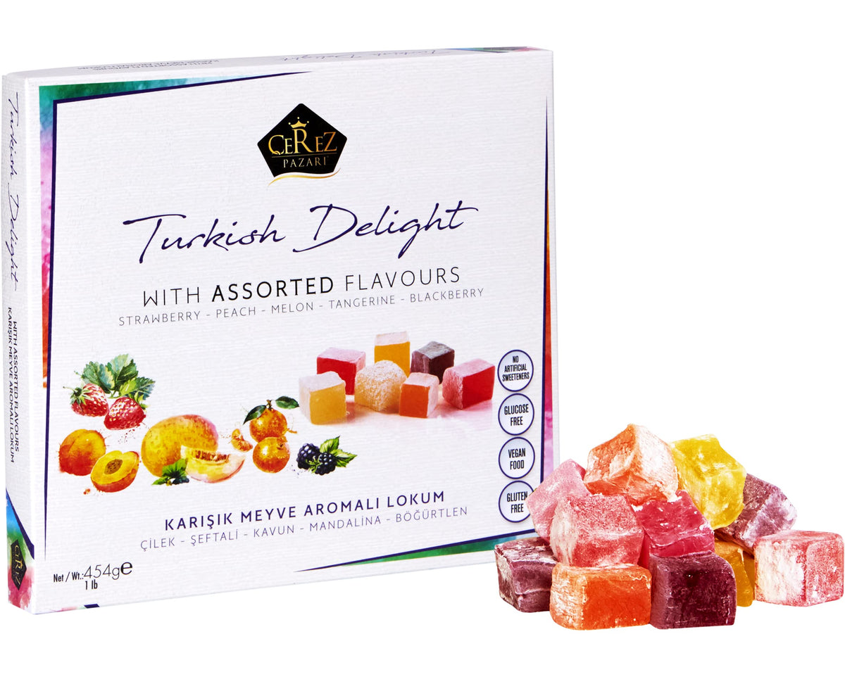 Çerez Pazarı Turkish Delight assorted flavors bite-sized pieces enjoyed with tea