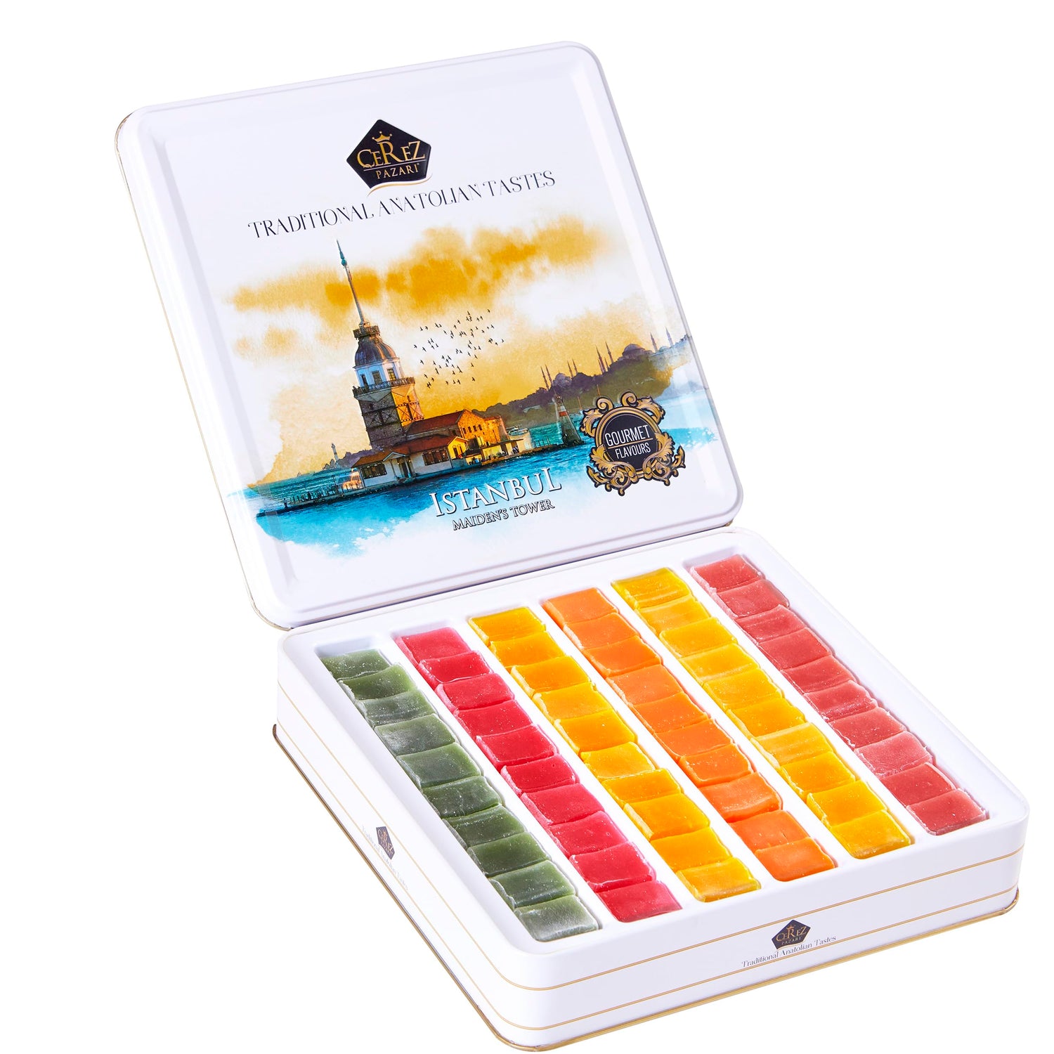 Cerez Pazari Turkish Delight Gift Box with embossed tin, ideal for elegant gifting.