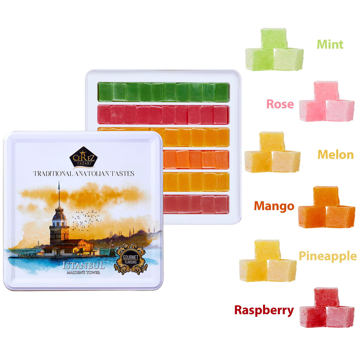 Cerez Pazari Mint Turkish Delight slices, sugar-dusted and soft for a refreshing bite.