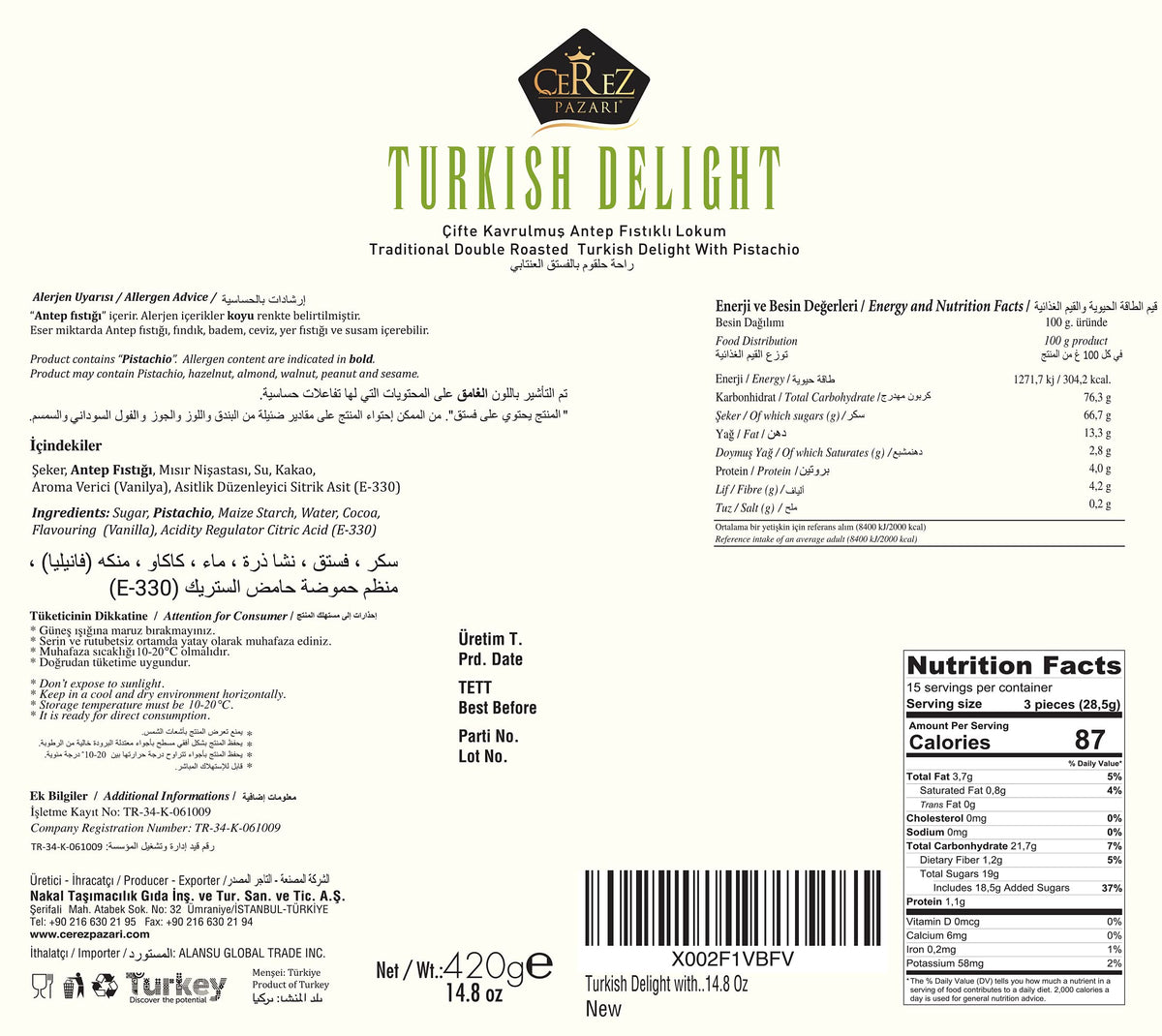 Çerez Pazarı nutrition facts label supports transparent ingredient information.